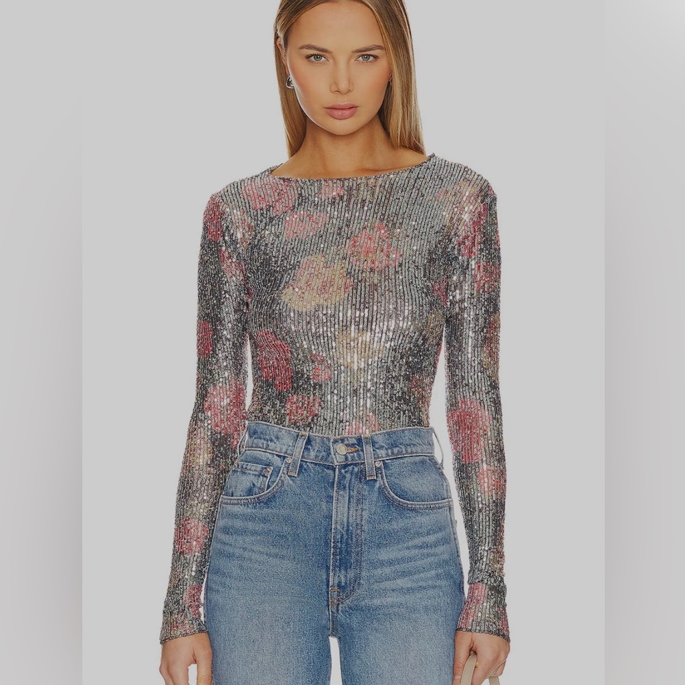 NWT Free People Sequined Floral Design Long Sleeves Top